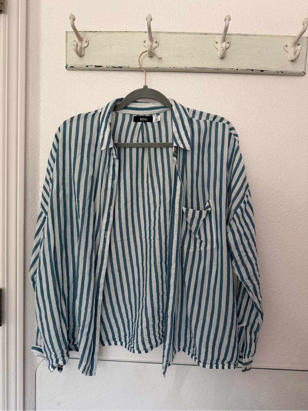 BDG Teal and White Striped Button-Up Shirt - M